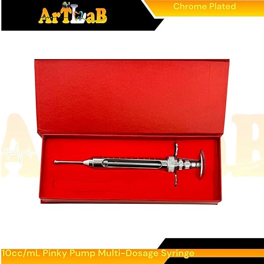 5.5in Pinky Pump Syringe with 7/8" Wide Feed Tube, 10mL Capacity, Snake & Reptile Feeding Tool - Veterinary Syringe (Chrome)