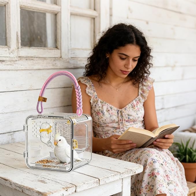 Bird Carrier, Portable Parrot Travel Cage, 16.12 Inches Breathable Pet Box with Mesh Window Feature, Lightweight Carrier, Travel Cage with Ergonomic Handle Bird Carriers for Parakeets Conures