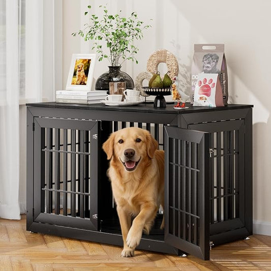 Snuowu 48" Heavy Duty Dog Crate Furniture for Small,Medium and Large Dogs,Rustic Wooden Dog Cage Kennel Indoor Furniture with Waterproof Top,Decorative Pet House Side End Table (Black)