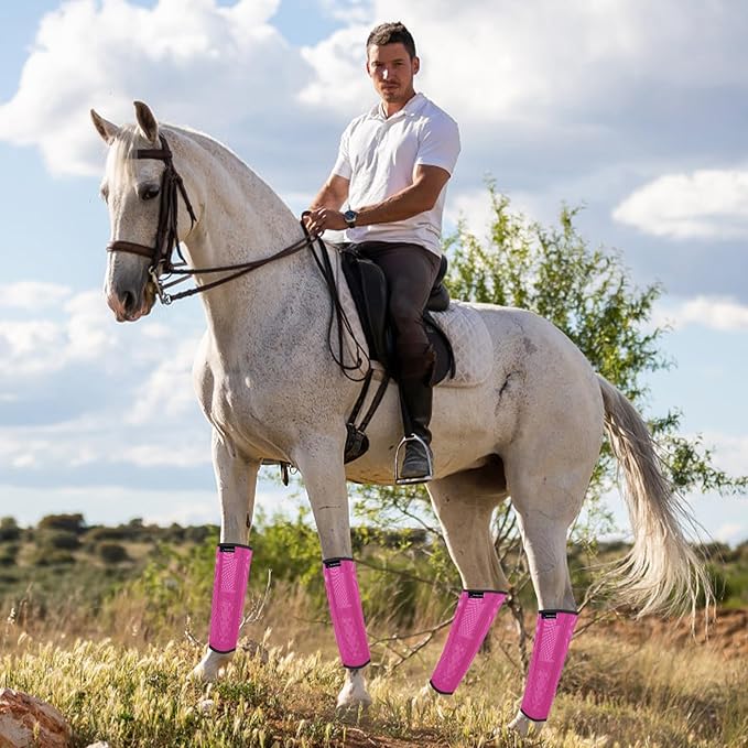 FOXLVDA Horse Fly Boots - Fly Boots for Horses Set of 4, Comfortable Horse Leggings, Mesh Material Design with Metal Support Bars for Reduces Stomping & Leg Fatigue (Pink, Medium)