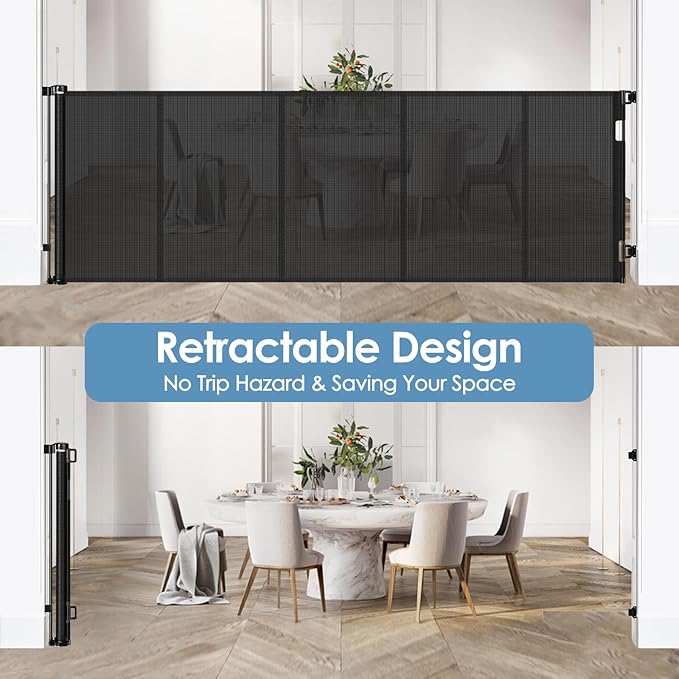 Reinforced 200 Inch Extra Wide Retractable Baby Gates with Reinforced Rods, Retractable Dog Gate Prevent Bottom Crawling Through, Mesh Pet Gate for Large Openings, Black