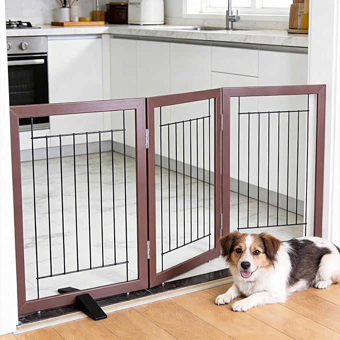 ZJSF Freestanding Dog Gate Indoor, Foldable Dog Fence for Doorways,Hallways or Stairs, Sturdy Wood Extra Wide Pet Gate with Support Feet,Brown,24 "Height-3 Panels