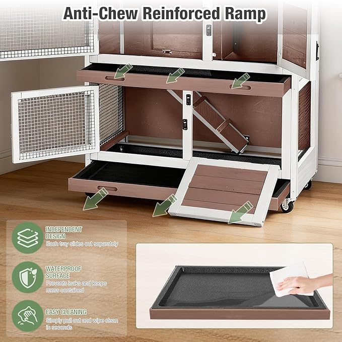 Rabbit Hutch Indoor Outdoor, Large Bunny Cage with Wheels, 2-Tier Wooden Rabbit Cage, Chew-Proof Ramp with Metal Edges, Dual Pull-Out Trays, Bunny House for Rabbits & Guinea Pigs