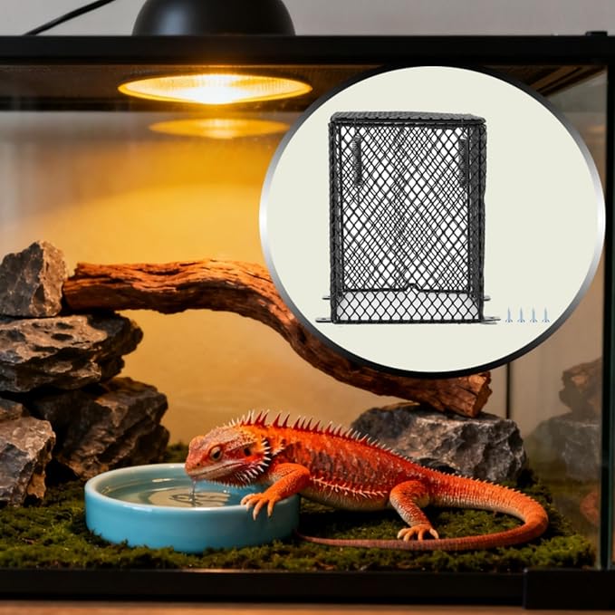 Jerliflyer Reptile Lamp Cover, Heater Guard Heat Protector Anti Scald Cover Mesh Cage Heating Lampshade Ceramic Light Bulb Enclosure for Terrarium Chameleon Lizards Snakes (Square)