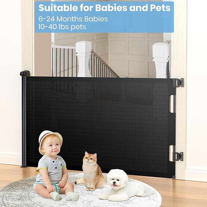 HAMOPY Retractable Baby Gate, 33" Tall, Extends up to 55" Wide, Durable Auto-Lock Baby Gates for Stairs, Mesh Dog Gate and Child Safety Gates for Doorways, Hallways, Indoor, Outdoor(Black)