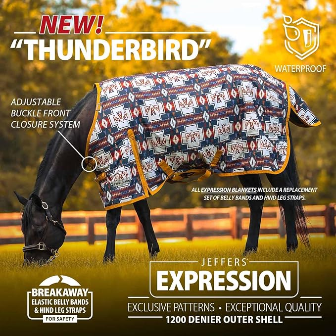 Jeffers Expression 1200 Denier Standard Neck Turnout Blanket for Horses, 78"- Water Proof, Breathable, 240 gram Polyfill for Medium Weight Warmth, Winter Protection for Stall, Barn – Thunderbird
