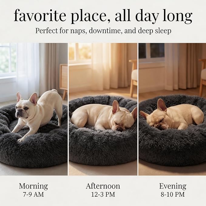 Calming Donut Dogs Beds for Medium Dogs up to 45 lb,30inch Anti-Slip Plush Round Dog Bed with Raised Rim,Fluffy Faux Fur Pet Bed for Cozy Sleep,Dark Grey