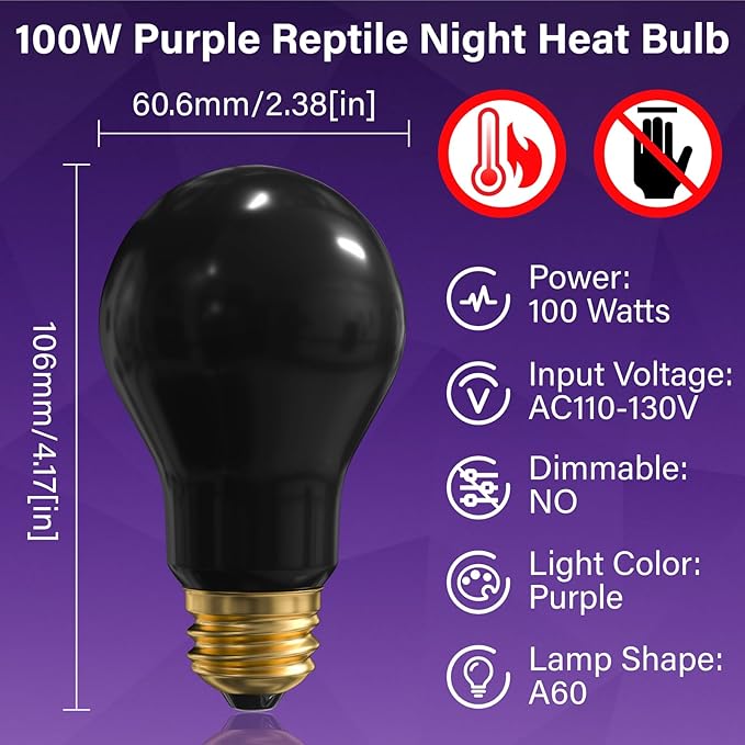 Lustaled Reptile Heat Lamp Bulbs-100W Reptile Night Heat Bulb E26 Terrarium Heat Lamp Simulate Natural Moon Purple Light for Snake Bearded Dragon Leopard Gecko Lizard Chameleon Tortoise -2Pack