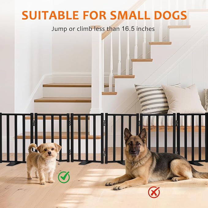 Snagle Paw Short Dog Gate,16.5" Tall Freestanding Metal Dog Gate Only for Small Dogs with Support Feet Easily Step Over,Up to 72" Wide Puppy Gate Indoor for Stairs,Doorways(Black,6 Panel)
