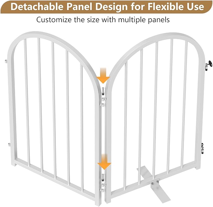 PUPETPO Full Metal Dog Gate with Door for Indoor Outdoor, 24" Tall Free Standing Pet Dog Fence, 108" Extra Wide Pet Gates for Stairs, Hallways, Doorways, Kitchen, Decks, Yards (White, 6 Panels)