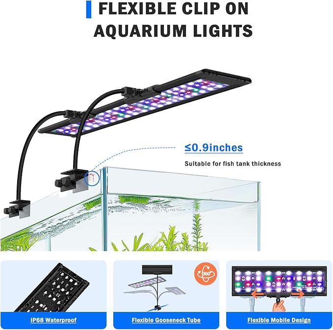 AQQA LED Aquarium Light, 24/7 Mode Clip on Fish Tank Light with Memory Function, DIY Mode Full Spectrum Aquarium Plant Light, Adjustable Timer/Brightness, IP68 Waterproof for 48-55 Inch Fish Tank 45W