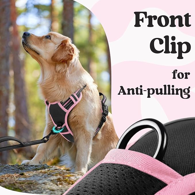 rabbitgoo Dog Harness Medium Sized, No Pull Pet Harness with 3 Buckles, Adjustable Soft Padded Vest with Control Handle, Walking Reflective Pet Vest for Medium Dogs, Black & Pink, M