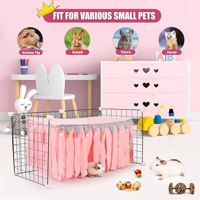 Guinea Pig Hideout - Guinea Pig Corner Hideout, Four-Sided Fringes, Rectangular Top and Washable Hides, Suitable Hides for Guinea Pigs and Rabbit, No Metal Fences, Pink