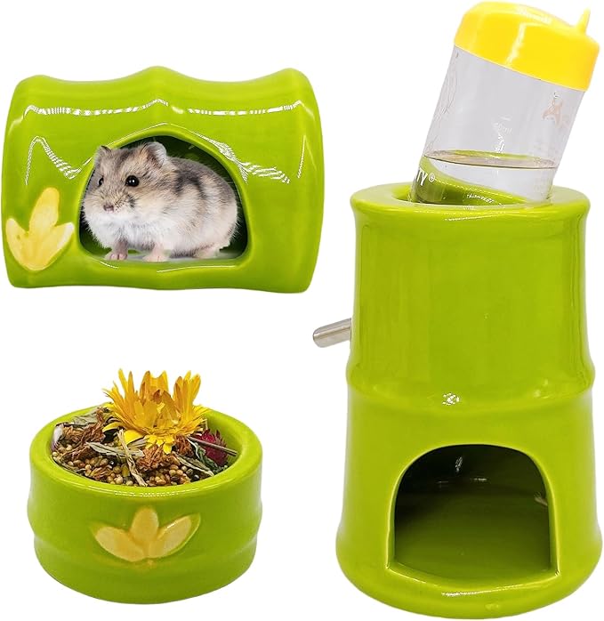 Hamiledyi Ceramic Hamster Hideout Food Bowl Water Bottle Stand Holder Dispenser Syrian House and Habitats Hide Hut Bed Cage Accessories Decor for Mice Dwarf Hamster Gerbil Rat