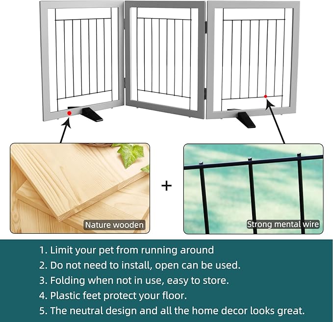 ZJSF Freestanding Dog Gate Indoor, Foldable Dog Fence for Doorways,Hallways or Stairs, Sturdy Wood Extra Wide Pet Gate with Support Feet,Grey,24 "Height-3 Panels