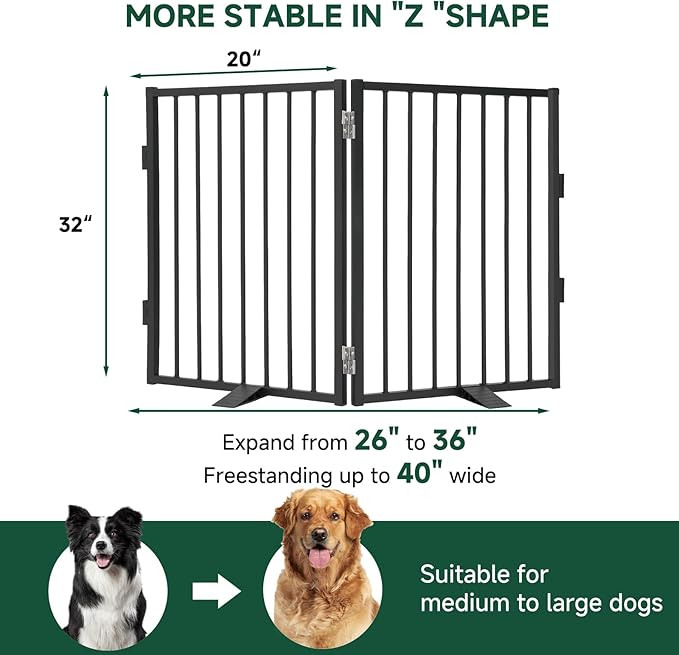 Snagle Paw Full Metal Freestanding Dog Gate,Indoor Pet Gate with Floor Protect Support Feet, 40x32Inches Foldable Dog Fence for Stairs, Hallways and Doorways (32'' H 2 Panel, Black