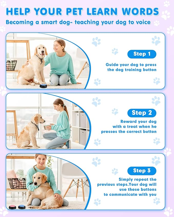 Acools Dog Buttons for Communication, 4 Dog Talking Button Set, Speaking Buttons for Cats and Dogs, 30s Voice Recordable Pet Training Buzzer with Waterproof Dog Activity Mat and 48 Scene Stickers