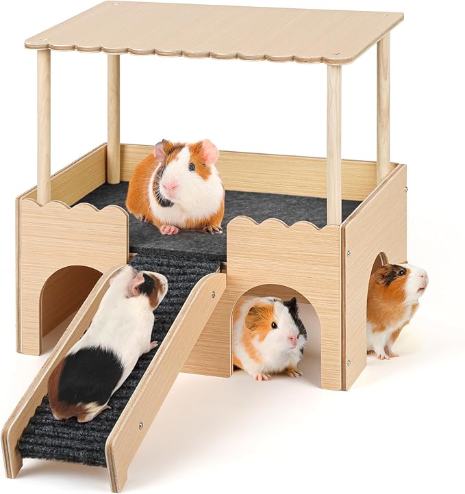 Wooden Guinea Pig Hideout Castle with Stairs,Small Animal Bed Hut Habitats Spacious 2-Level Detachable Small Pet House for Rabbits, Hamsters & Chinchillas Bunny (Updated Grey)
