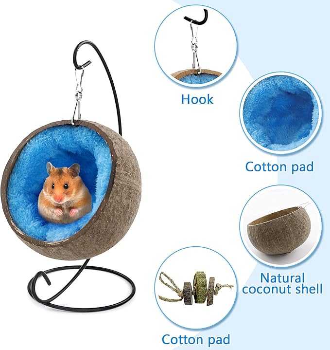Ranslen Natural Coconut Hamster Hideout Hammock with Molar Toy Suspension Coconut Husk Hamster Bed House with Warm Pad Small Animal Guinea Pigs Habitat Decor Accessories Hanging Loop (Brown)