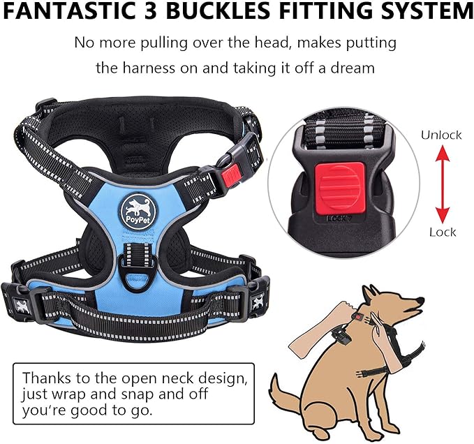 PoyPet No Pull Dog Harness, No Choke Front Lead Dog Reflective Harness, Adjustable Soft Padded Pet Vest with Easy Control Handle for Small to Large Dogs(Light Blue,XS)