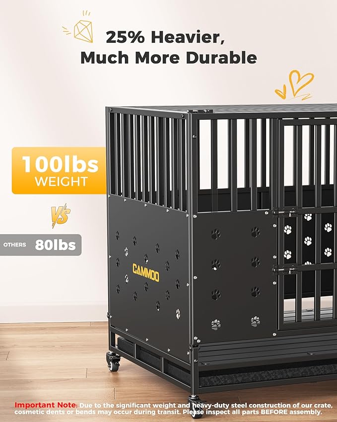 Cammoo 48'' Heavy Duty Dog Crate for Large Dogs, – Upgraded Chew-Proof Panels, Comfort-Widened Floor Panel, Dog Kennel Indoor, Adjustable Internal Height, Easy-Access Wide Door, 4 Lockable Wheels