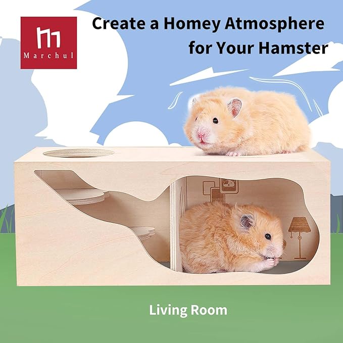 Marchul Magnetic Hamster Hideout Wooden House Chamber for Small Animals Pets Tunnel Exploring Toys for Dwarf Hamsters, Syrian, Gerbils, Hedgehogs, Rats, Mice (Living Room)