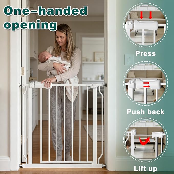 Extra Wide Walk Through Baby Gate with Door, 62.5-67 Inch Wide Presure Mounted No Drill Metal Auto Close Child Gate for Stair Doorway - Indoor Outdoor Safty Gate for Toddler Dog Doggie, White