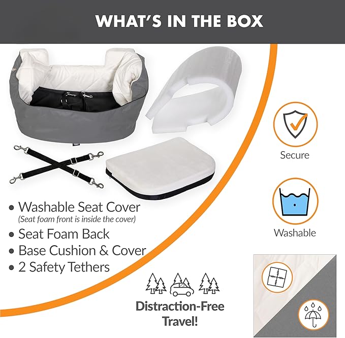K&H Pet Products Bucket Booster Dog Car Seat, Seat Belt Secured, 2 Safety Leashes, Washable Covers, Sturdy Pet Booster Seats for Cats & Dogs - Small Gray/Cream