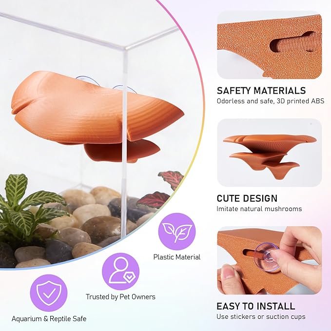 Mushroom Reptile Tank Decor, Mushroom Climbing and Resting Platform Habitat for Tree Frog Terrarium, Reptile Ledge for Leopard Gecko, Lizards, Fish, Turtle, Hermit Crab (Brown)