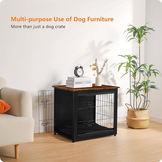 DWANTON Dog Crate Furniture with Cushion, Wooden Kennel Table with Double Doors, Indoor Dog House, Small/Medium/Large Size, 27.2" L, Black+Rustic Brown