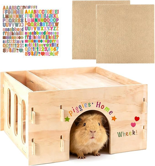 Wooden Guinea Pig Hideout House with Hay Rack - Sturdy Small Animal Habitat Hut for Chinchillas, Hamsters & Small Pets - Includes 2 Reusable Mats & 2 Letter Sticker Sets