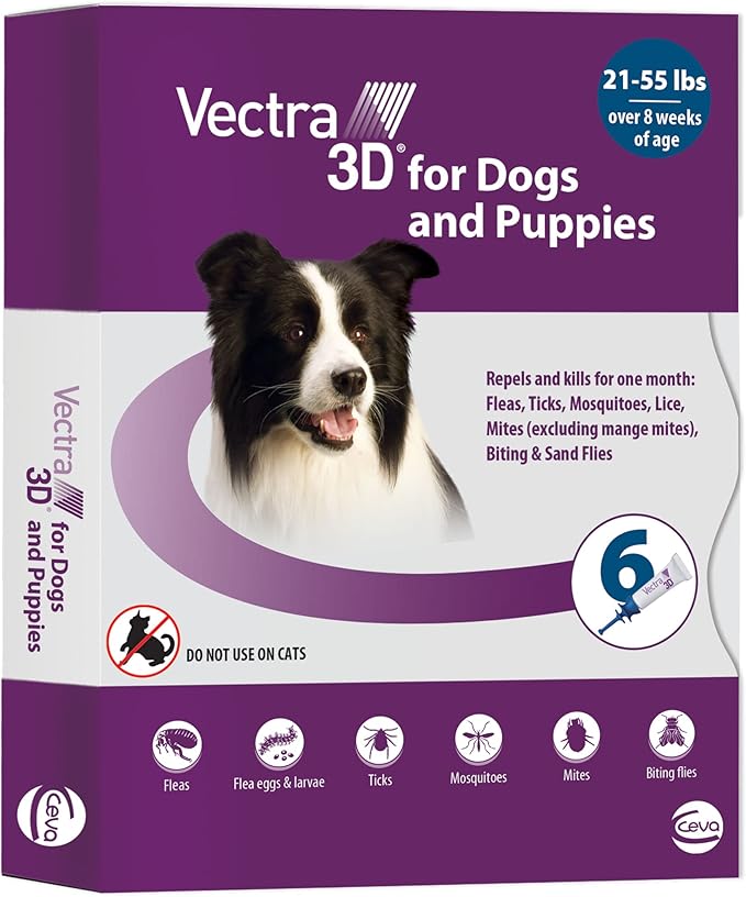 Vectra 3D Flea and Tick Prevention for Dogs, Kills and Repels Fleas, Ticks & Mosquitoes | Fast‑Acting, Waterproof, No Prescription Needed | Medium Dogs 21-55 lbs, 6‑Month Supply
