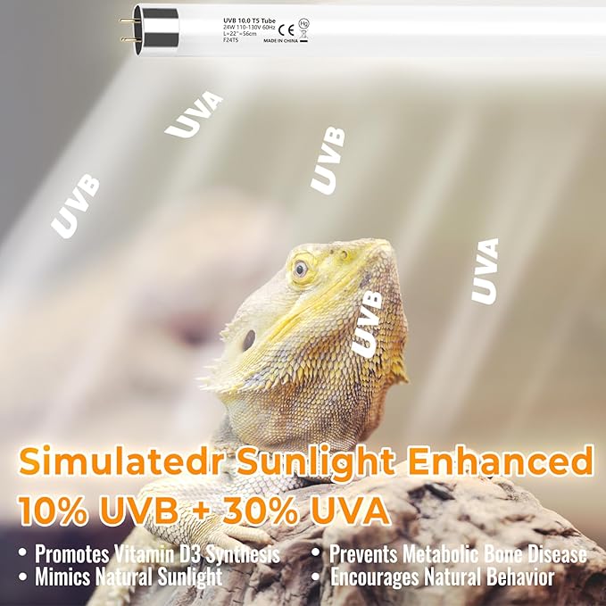 2 Pack T5 HO 10.0 UVB Reptile Bulb 24W, 22-Inch UVA UVB Light for Reptiles, Fluorescent Lamp Tube for Bearded Dragons, Turtles, Chameleons, Lizards, Tropical Desert UVB Lighting