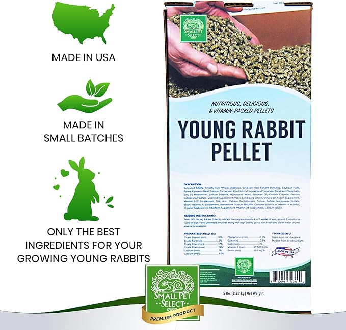 Small Pet Select Young Rabbit Pellet Food, Pellets, Treats for Bunny Rabbits High Fiber Timothy Hay Based Formula, 5lb