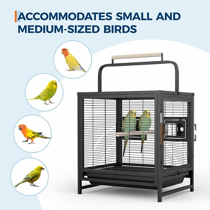 Garvee Bird Travel Carrier Cage, 25" h Small Bird Cage with with Wooden Perch Handle, Bird Carrier for Parrots Conures Lovebird Cockatiel Parakeets Black