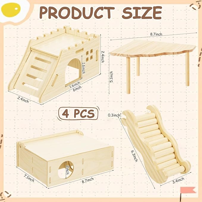 BreezeHug 4 Pcs Hamster Platform Hideout Wooden Tunnel Ladder Playhouse Hamster Game Climbing Toy with Platform Cage Accessories for Small Pets Dwarf Syrian Mice Degus Gerbils Squirrel(Castle)