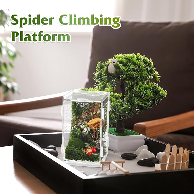 Jumping Spider Enclosure with Habitat Mini Figurines Set Acrylic Terrarium Habitat Mini Jumping Spider House Decorations for Tarantulas Snail Mantis Small Reptiles (Top Opening Door)