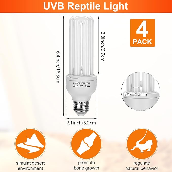 VIHOSE 4 Pack UVB Reptile Light Bulb 23w 10.0 UVB Bulb for Desert Reptiles Pet Light for Turtle Compact Fluorescent Terrarium Lamp for Bearded Dragon, Lizard, Tortoise, Iguanas, Snake, Gecko