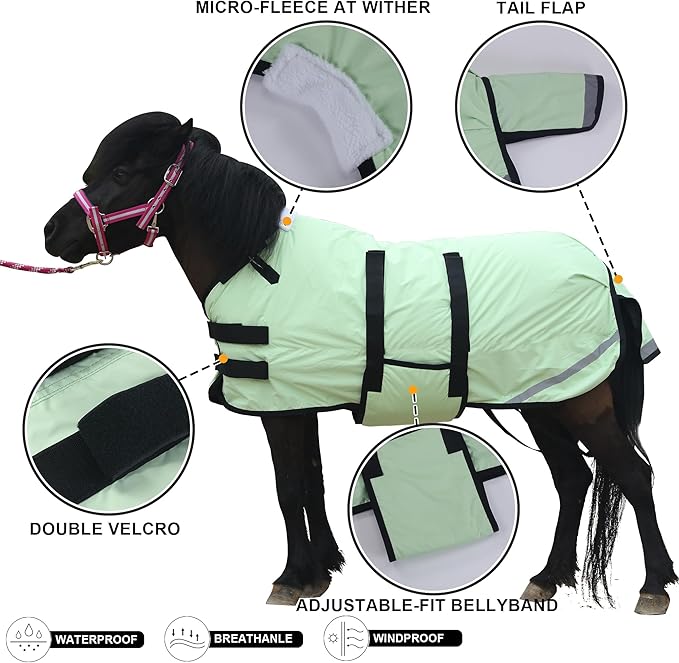 Foal/Mini Horse Size 30"-48" Waterproof & Breathable 300 Denier Winter Turnout Blanket with 150g Polyfill Grassgreen Medium