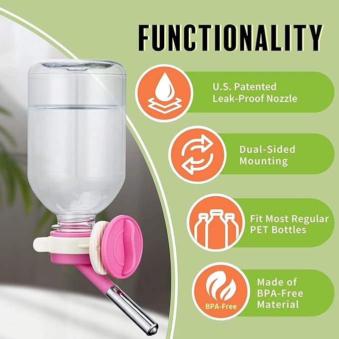 Choco Nose Patented No-Drip Water Bottle/Feeder for Guinea Pigs/Hamsters/Bunnies/Ferrets/Other Small Pets, Critters and Animals - for Cages, Crates or Wall Mount. 10.2oz. Nozzle 10mm, Pink 2pk(C128)