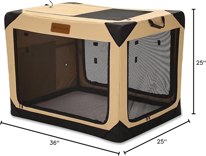 Garnpet 36 Inch Collapsible Soft Dog Crate for Large Dogs, 4-Door Foldable Travel Dog Kennel with Durable Mesh Windows for Indoor & Outdoor Portable Pet Crate, Soft Side Dog Crate, Beige