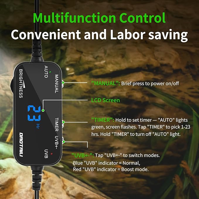 LED UVB Reptile Light – Dual UVA/UVB Lamp with Dimmer, 2 UV Modes, Timer & Fan Cooling, 10W for Turtles, Lizards, Snakes, Glass or Mesh Terrariums (6500K)