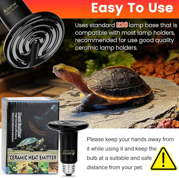 DaToo Ceramic Reptile Heat Lamp 150W Ceramic Heat Emitter E26 No Light Night Heat Bulb for Reptile Terrarium Tank Lizards Snakes Hedgehogs Turtles Cats Dogs Chicken