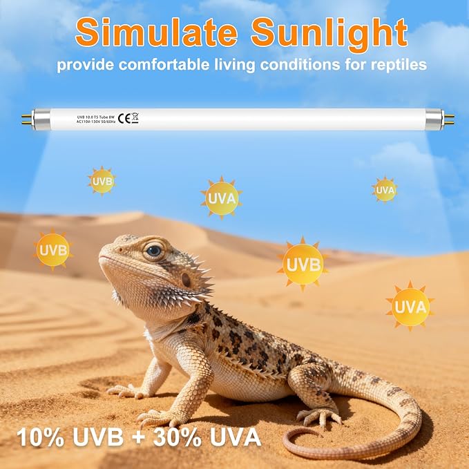 T5 10.0 UVB Light Bulb for Reptiles, 8W HO UVB Reptile Lamp Bulb, 2 Pack 12 Inch UVA UVB Fluorescent Lamp Tube for Bearded Dragon Leopard Gecko Tortoise Lizards