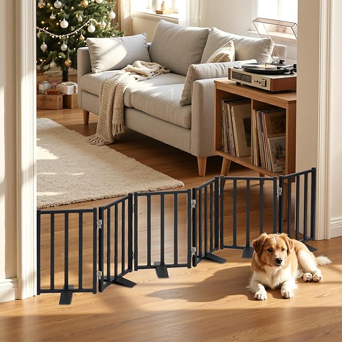 Snagle Paw Short Dog Gate,16.5" Tall Freestanding Metal Dog Gate Only for Small Dogs with Support Feet Easily Step Over,Up to 72" Wide Puppy Gate Indoor for Stairs,Doorways(Black,6 Panel)