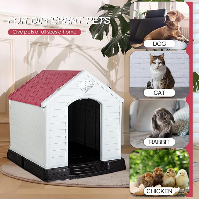 FDW Dog House Indoor Outdoor Durable Ventilate Waterproof Pet Plastic Dog House Puppy Shelter Kennel,Dark Red