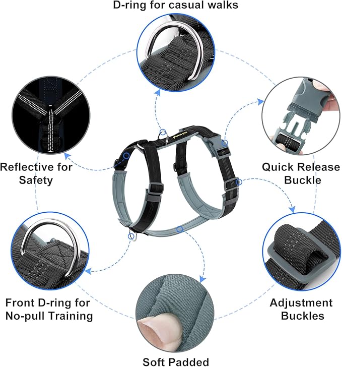 Plutus Pet No Pull Dog Harness, Adjustable Nylon Harness with Soft Padding, Reflective and Heavy Duty Dog Harness for Small, Medium, Large Dogs(Black, L)