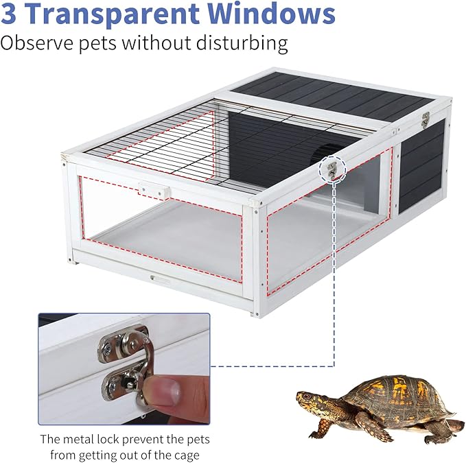 Tortoise Habitat, Large Wooden Box Turtle Enclosure with Removable Tray, Indoor Outdoor Tortoise House Reptile Cage for Small Animals,Easy to Assemble