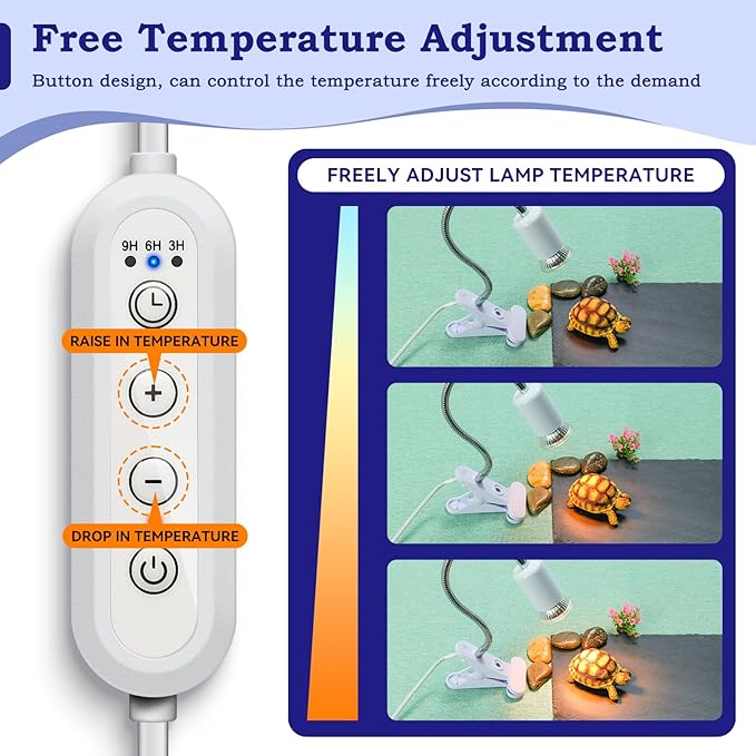 Timed Heat Lamp with Dual 50W UVB UVA Bulbs for Reptiles, Turtles, Tortoises, and Puppies: Adjustable Heat Switch, 360° Adjustable Angle, Strong Clips, Ideal for Aquarium Tanks and Basking