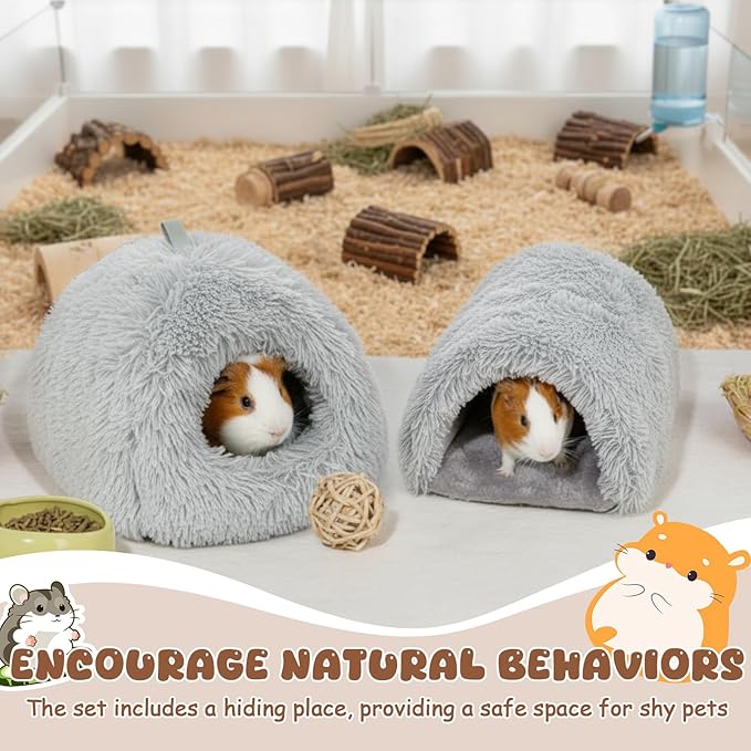 2 Pack Guinea Pig Hideout Bed with Tunnel, Large Soft Plush Cozy House, Washable Hideaway for Guinea Pigs and Small Animals(Style 1)